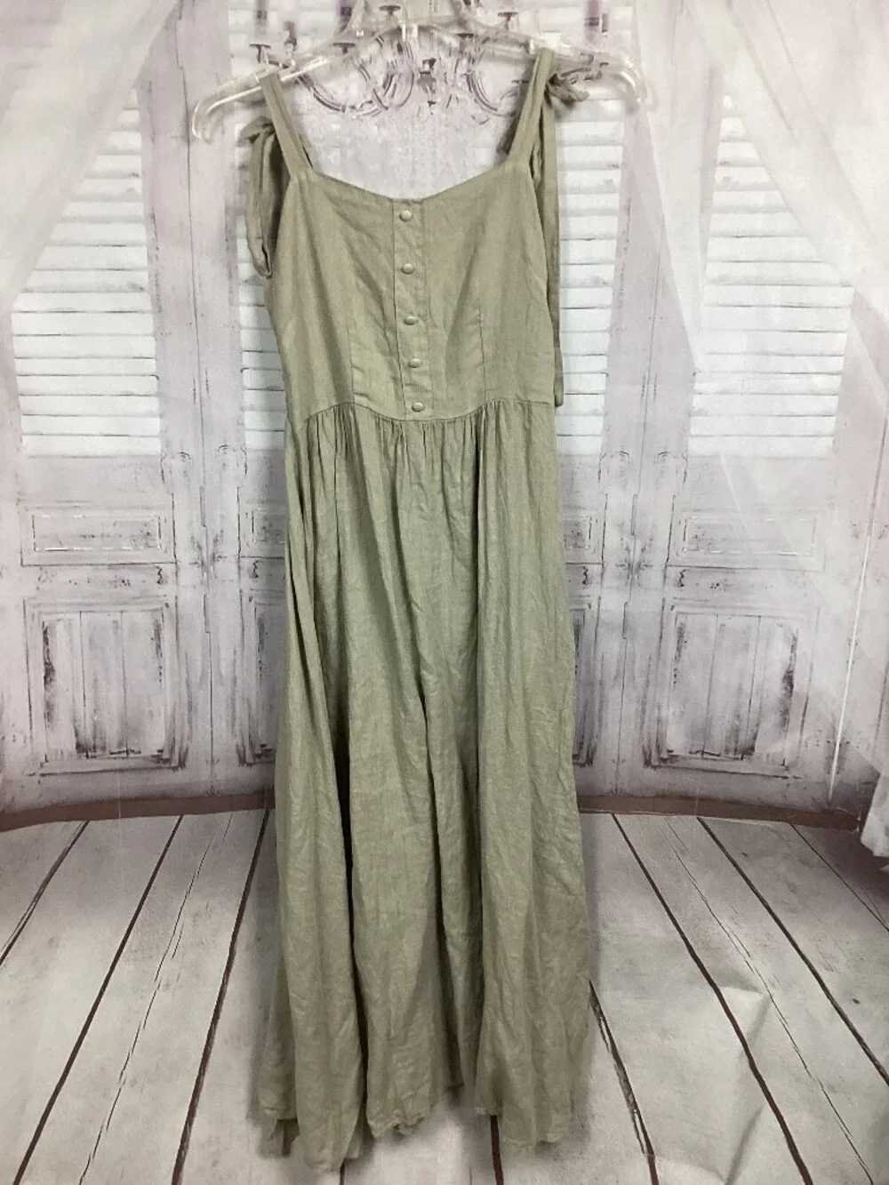 Francesca Bettini Linen Dress Khaki Midi Tied Straps S - Picture 1 of 9